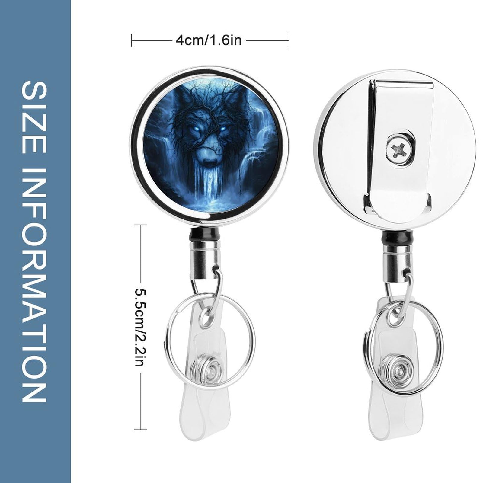 Mystic Tree Wolf Retractable Badge Holder Metal ID Name Holder Key Ring with Belt Clip