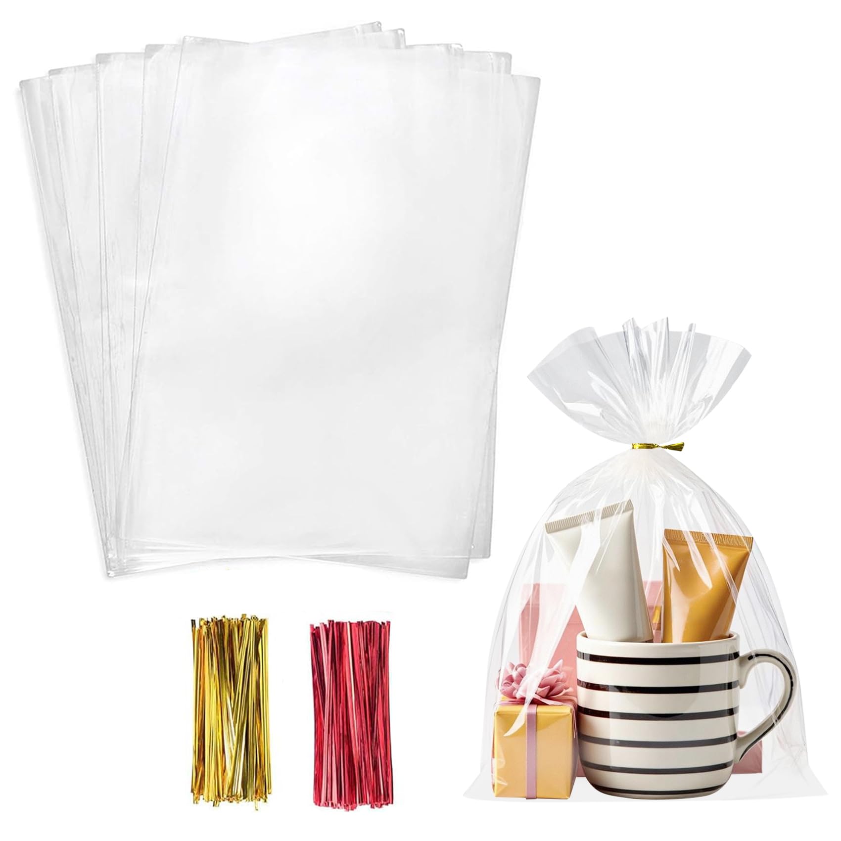 Morepack Cello Cellophane Treat Bags,200 PCS Clear Pastic Gift Bags with Twist Ties,Party Favor Bags (9"x14")
