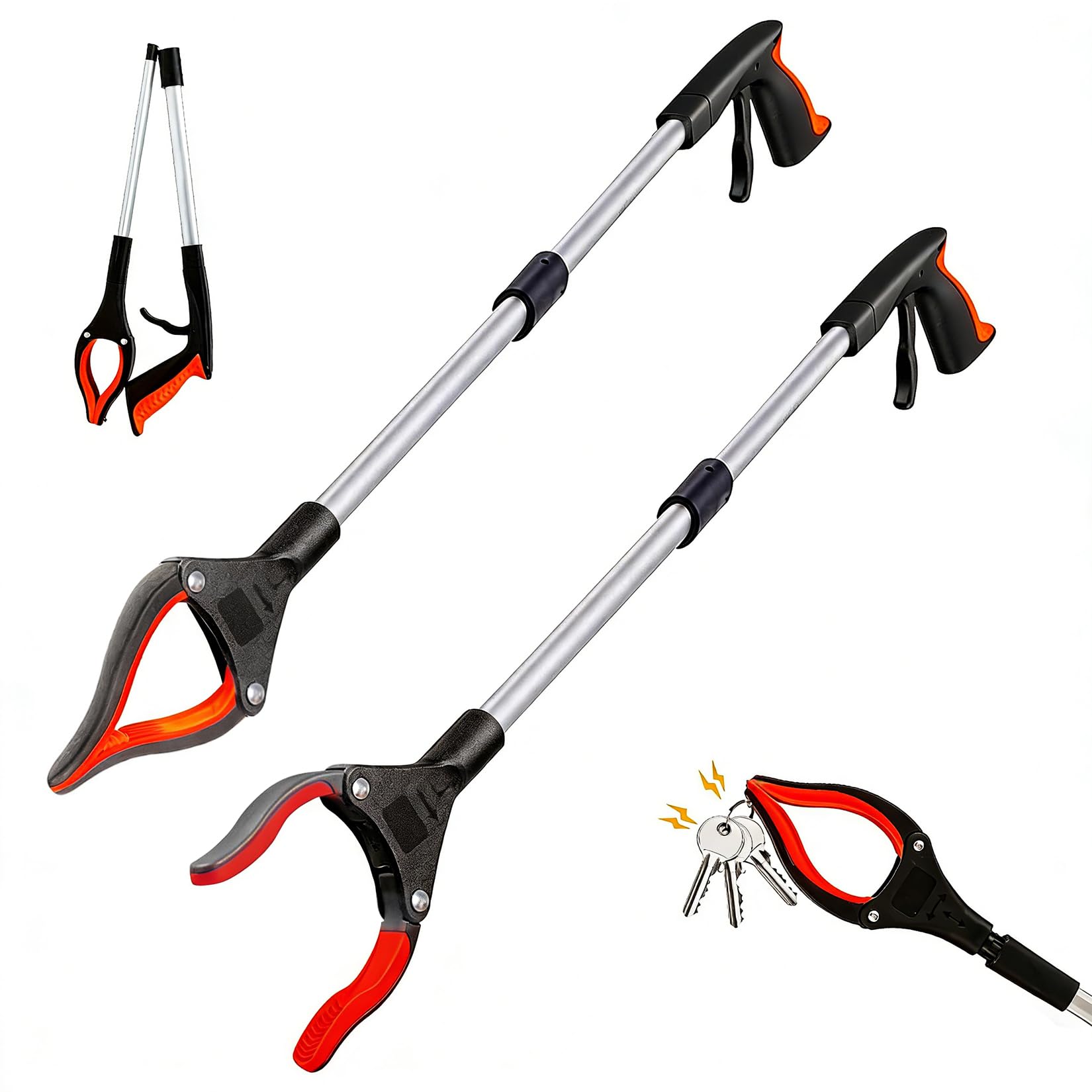 2 pinze da 83 cm per anziani con braccio magnetico e testa girevole a 360° telescopica pieghevole, pinza per la spazzatura (arancione)