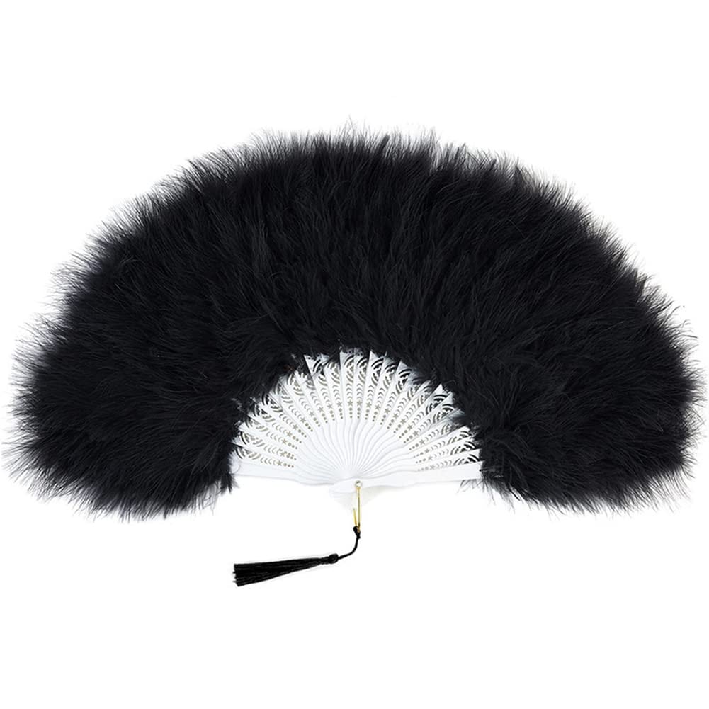SHTGOI Feather Fan Vintage Foldable Hand Fan with Tassels Elegant Dance Hand Fan Women's Feather Fan Folding Fan for Theme Party Wedding Prom Black