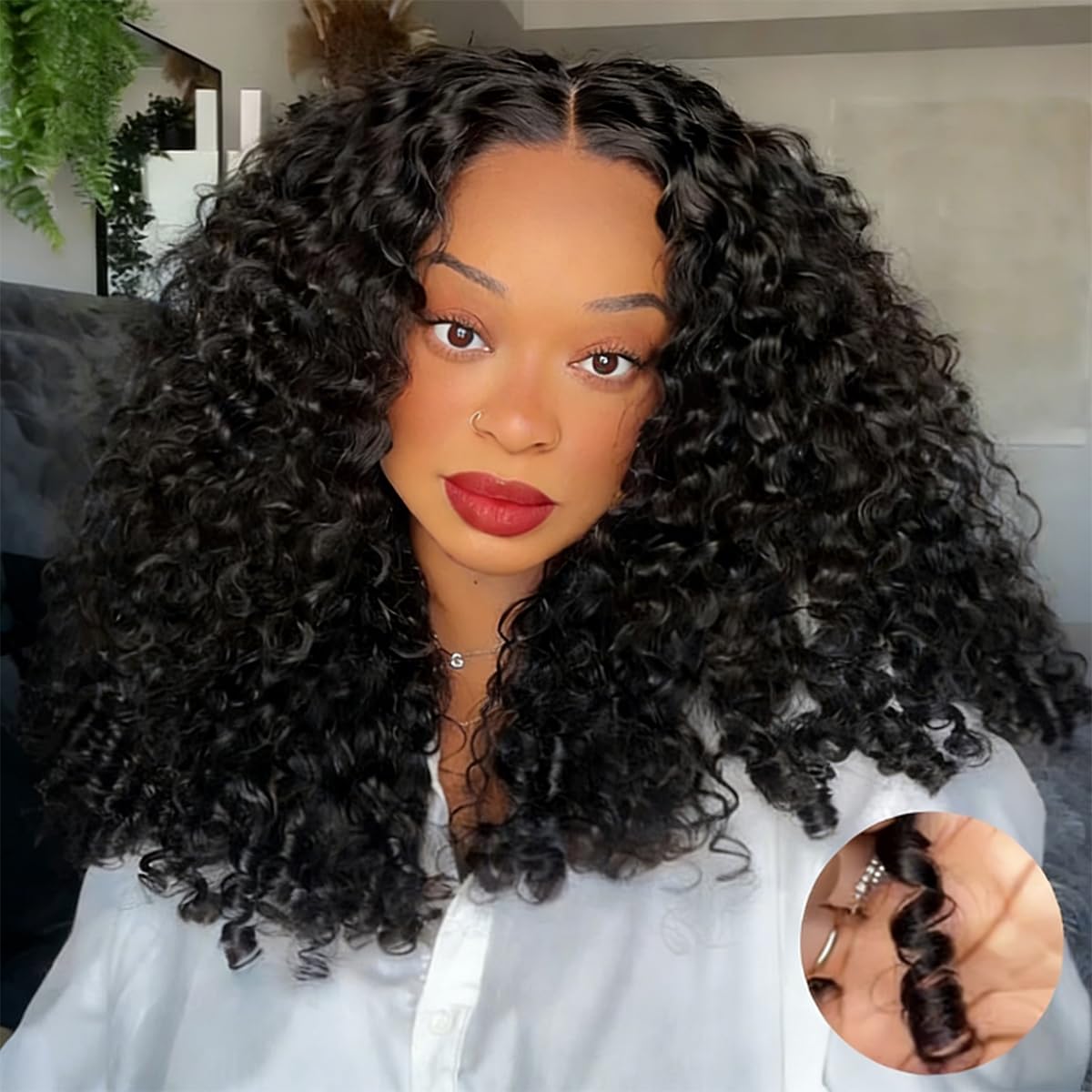 Burmese Curly Glueless Human Hair Wig 13x6 Transparent Lace Front Wear and Go Drawstring Wig Pre Plucked Pre Cut Natural Black 180 Density 20 Inch