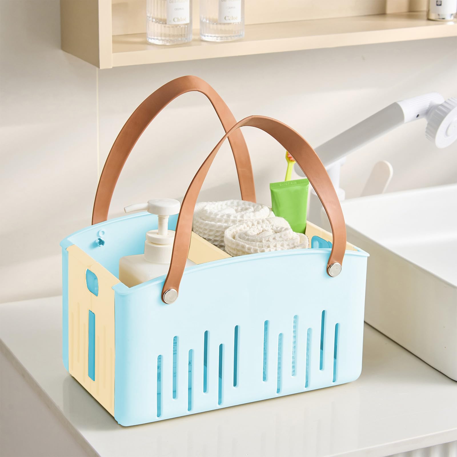 Shower Caddy Shower Basket Foldable Storage Basket with Handle Portable Hollow Structure Honeycomb Shaped Large Capacity Partition Storage