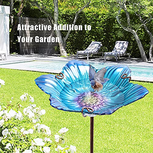 Outdoor Bird Bath Glass Birdbath Garden Birdfeeder With Metal Stake Blue(Height:26Inch) #TOP2