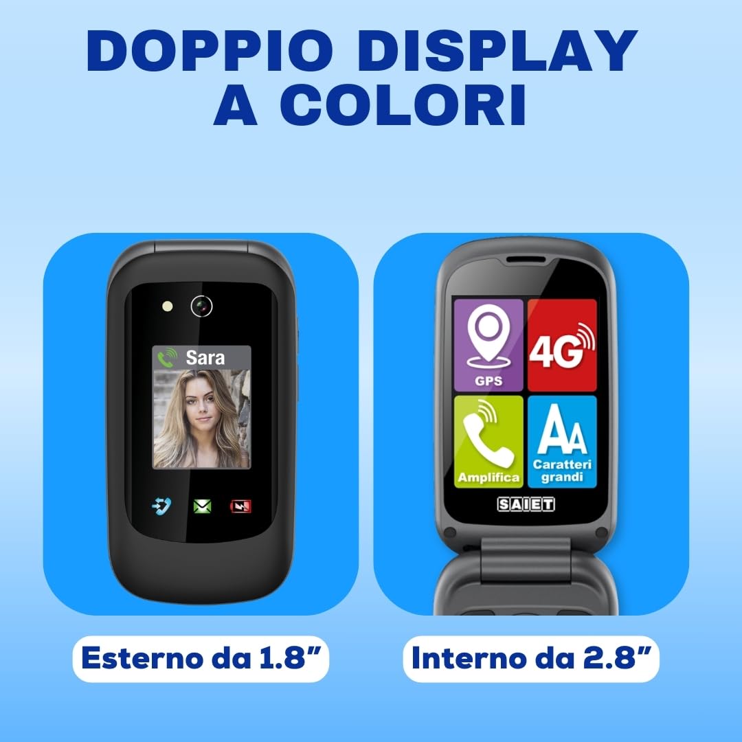 SAIET Prime GPS Cellulare per Anziani 4G con Tasto SOS, Localizzazione GPS | Telefono con Doppio Display e Audio Potenziato, Base di Ricarica e Torcia LED, Facile da Usare, Sicuro e Affidabile - Nero