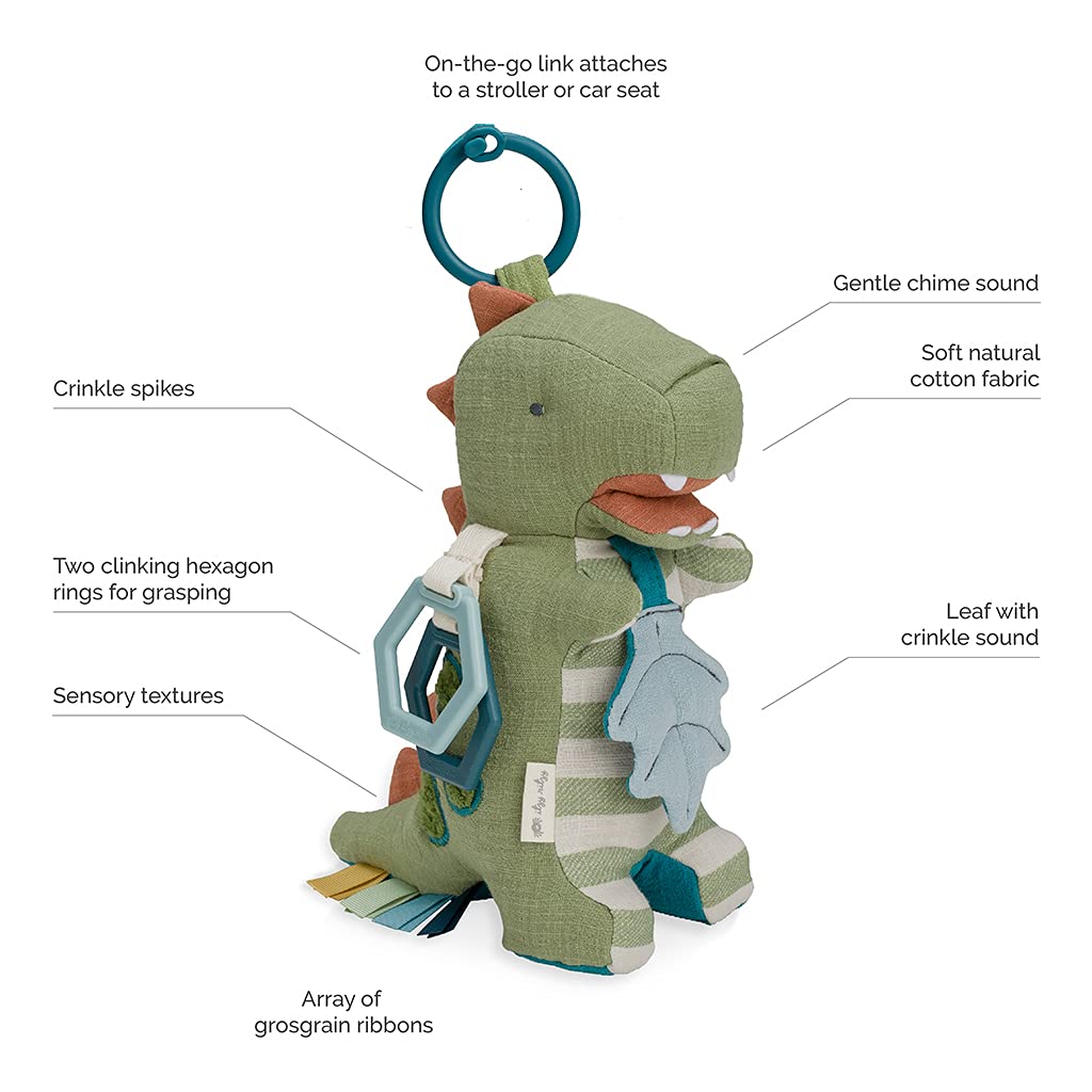 Itzy Ritzy Bitzy Bespoke Link & Love Activity Toy for Stroller, Car Seat or Activity Gym, Features Crinkle Sounds, Clinking Rings, Grosgrain Ribbons & Textured Materials, Dinosaur