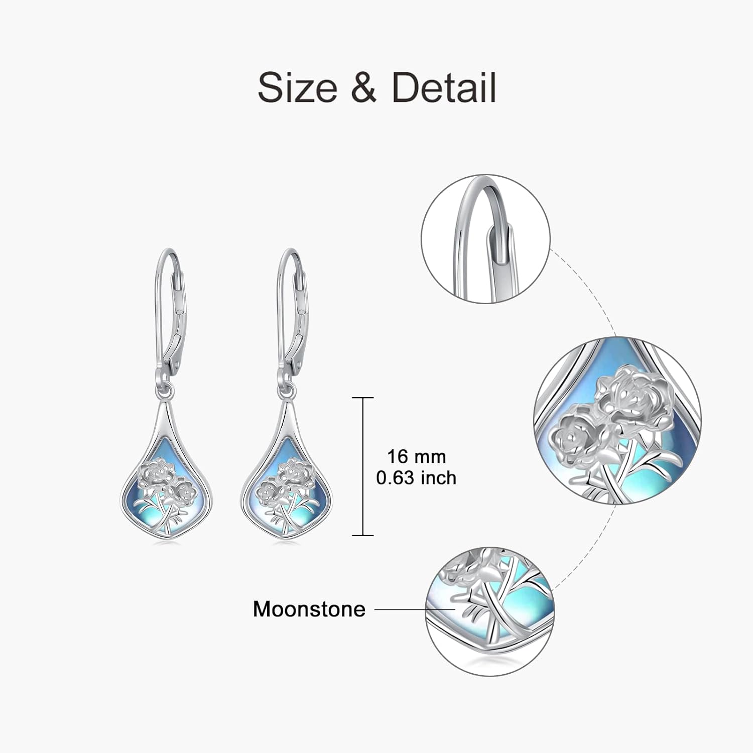 925 Sterling Silver Flower Moonstone Earrings, Moonstone Dangle Drop Hoop Earrings,Elegant Earrings Jewelry Gift for Women - Image 5