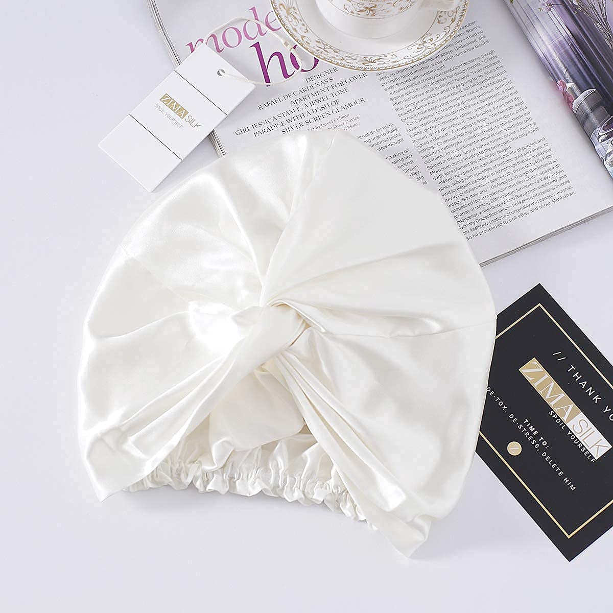 ZIMASILK - Gorro de seda 100 % de morera de 22 mm para dormir con elástico que se adapta a la cabeza y plisado clásico, gorro de seda para el cuidado del cabello de la mujer (1 unidad, marfil)