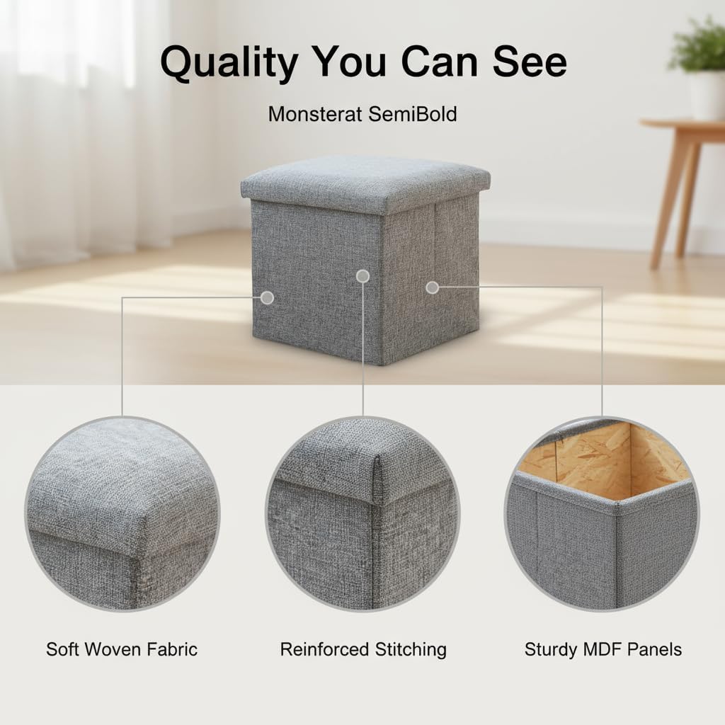 Gray Linen Storage Ottoman, 11.8 Inch Square with Sturdy Engineered Wood Frame and Lid, Hard Folding Footrest, Storage Bench for Multi-Room Use - Image 9