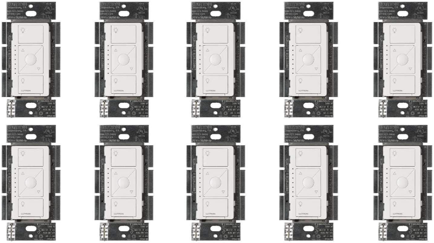 LutronCaseta Original Smart Dimmer Switch ELV+ (Lutron Hub Required), 250W LED, Single-Pole/3-Way, Neutral Required, PD-5NE-WH 10-PACK, White, 10 Pack