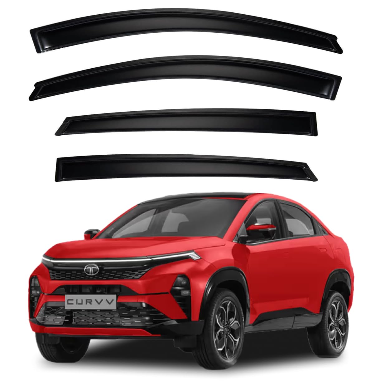 ShopClub Premium Smoke Car Door Visor Front+Rear Sun/Rain Guard Outside Mount Tape-On Window Visors Compatible with Tata Curvv (2025)