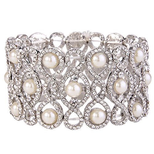 EVER FAITH Women's Crystal Cream Simulated Pearl 8-Shaped Knot Stretch Bracelet Clear Silver-Tone