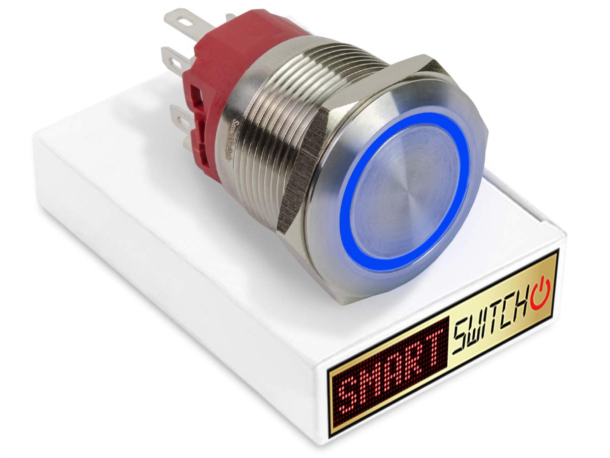SmartSwitch 25mm Angel Eye Halo Stainless Steel Latching DPDT 2NO2NC Push Button Blue LED Metal Switch AE25 — image 1