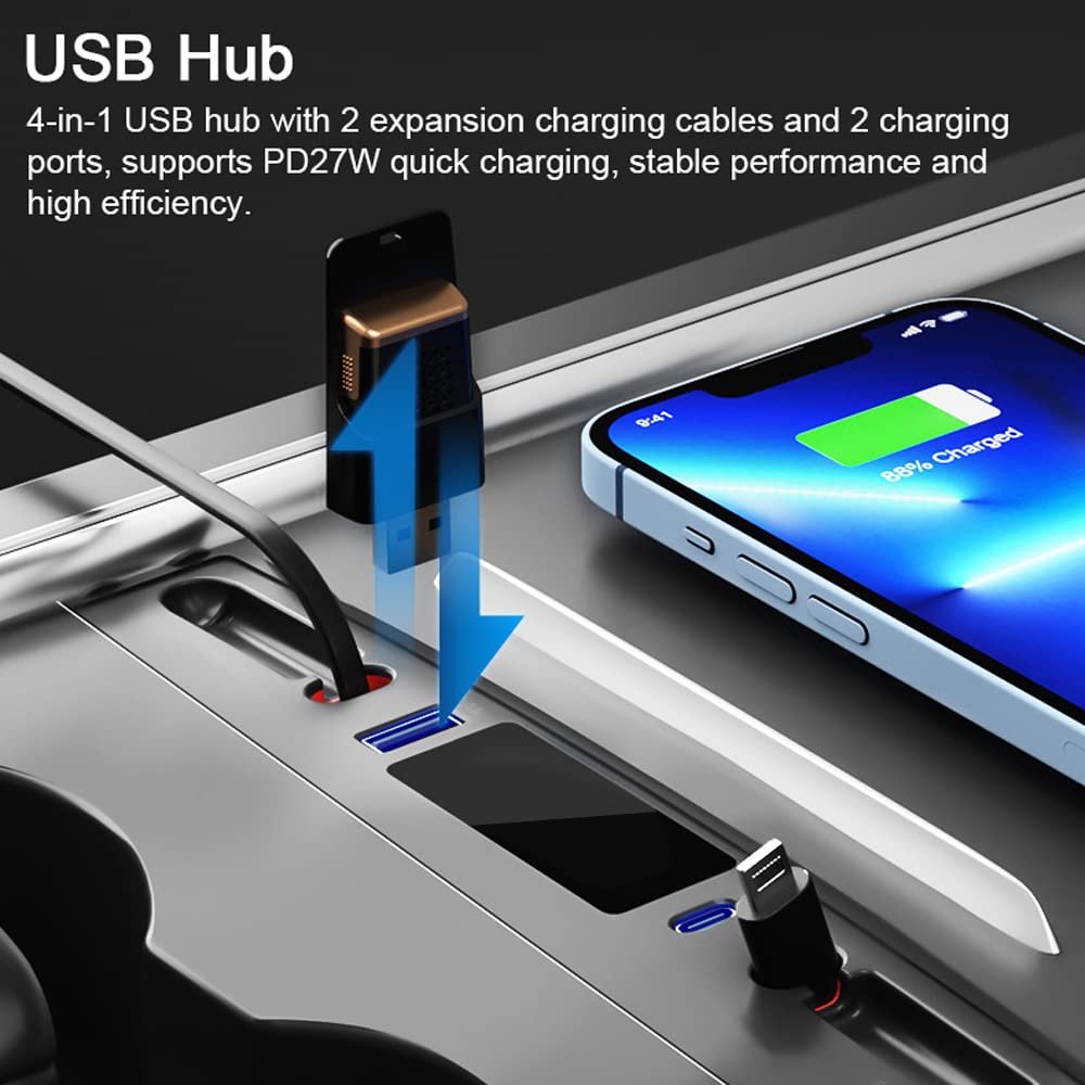 4 in 1 Hub USB Console Centrale Docking Station con Cavo di Ricarica Retrattile Adattatore Multiport 27W PD Ricarica Rapida per