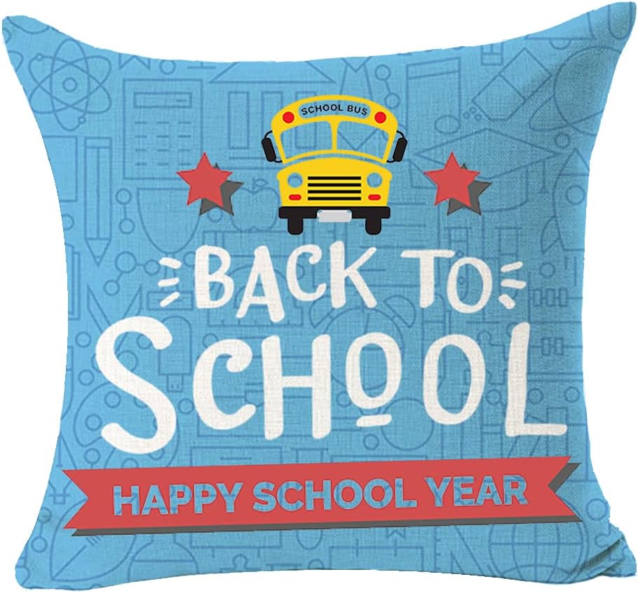 ITFRO Gift to Children School Season Back to School Bus Cotten Linen Square Throw Pillow Covers Pillow Case Bedroom Porch Decorative 18 Inches