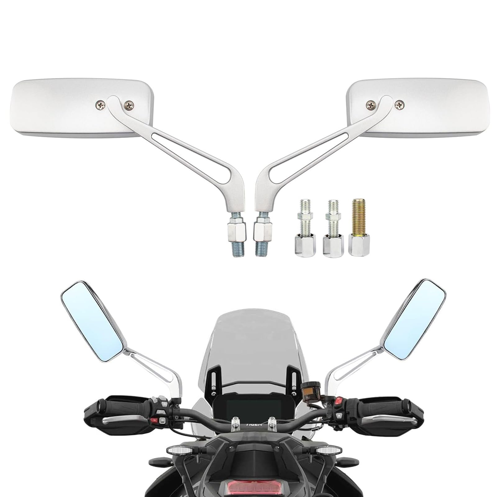 8mm /10mm Rétroviseur Rectangulaire Moto, Rétro Rétroviseur Latéral Compatible avec Bobber Cruiser Choppers Touring ATV Sport vélo Street Bikes
