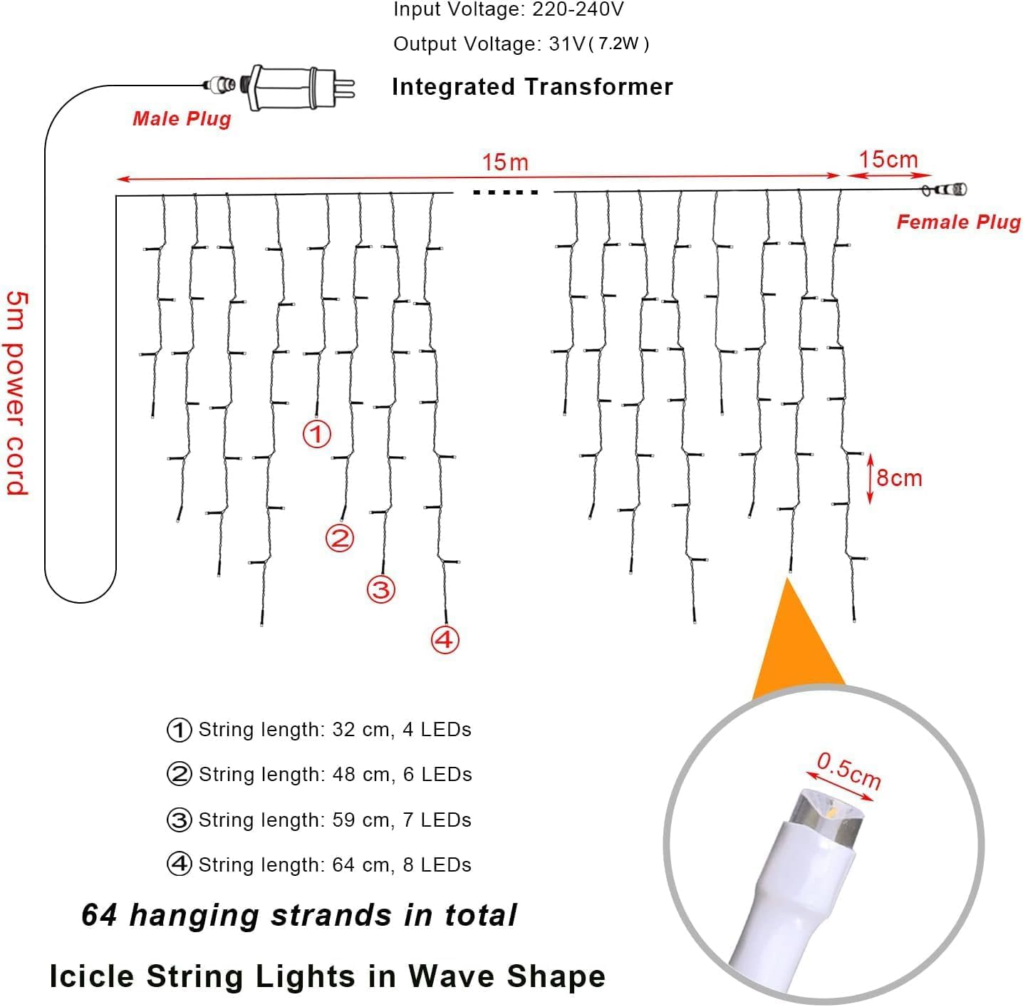 Catena Luminosa da Esterno, Cascata di Luci 15 m, 600 LED, Luce Bianca Calda, Impermeabile IP44, Spina UE, Timer e 8 Modalità di Illuminazione, per Natale, Feste, Giardino e Balcone