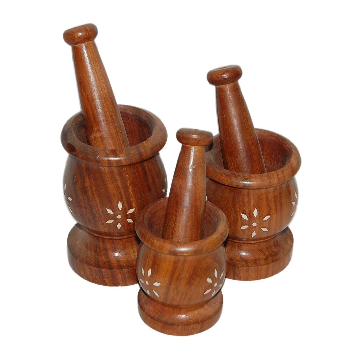 Wooden Carved Mortar and Pestle | Grinder for Herbs, Spices and Kitchen Usage, Natural Wood | Handmade Mortar and Pestle // kharal okhli Set of 3