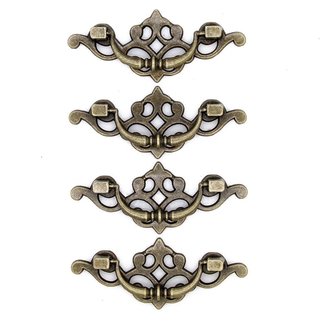 MSolid 4 PCs Vintage Antique Brass Bail Pull Handle for Wooden Drawer Cabinet Cupboard, Length 3.8-in (9.7 cm) and Height 1.6-in (4 cm)