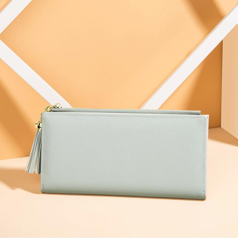 Women's Long Wallet with Zipper - Stylish Cross Texture Leather Purse with Tassel, Multi-Card Holder & Coin Pocket (Gray)2