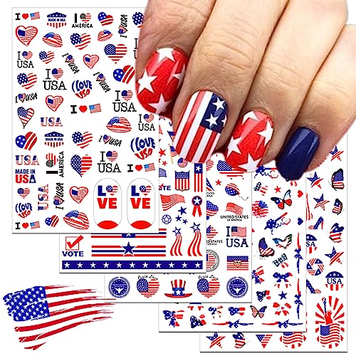TailaiMei 4th of July Nail Decals Stickers, Self Adhesive Independence Day Patriotic American Flag DIY Design Eagles USA Nail Art Decorations (8 Sheets)