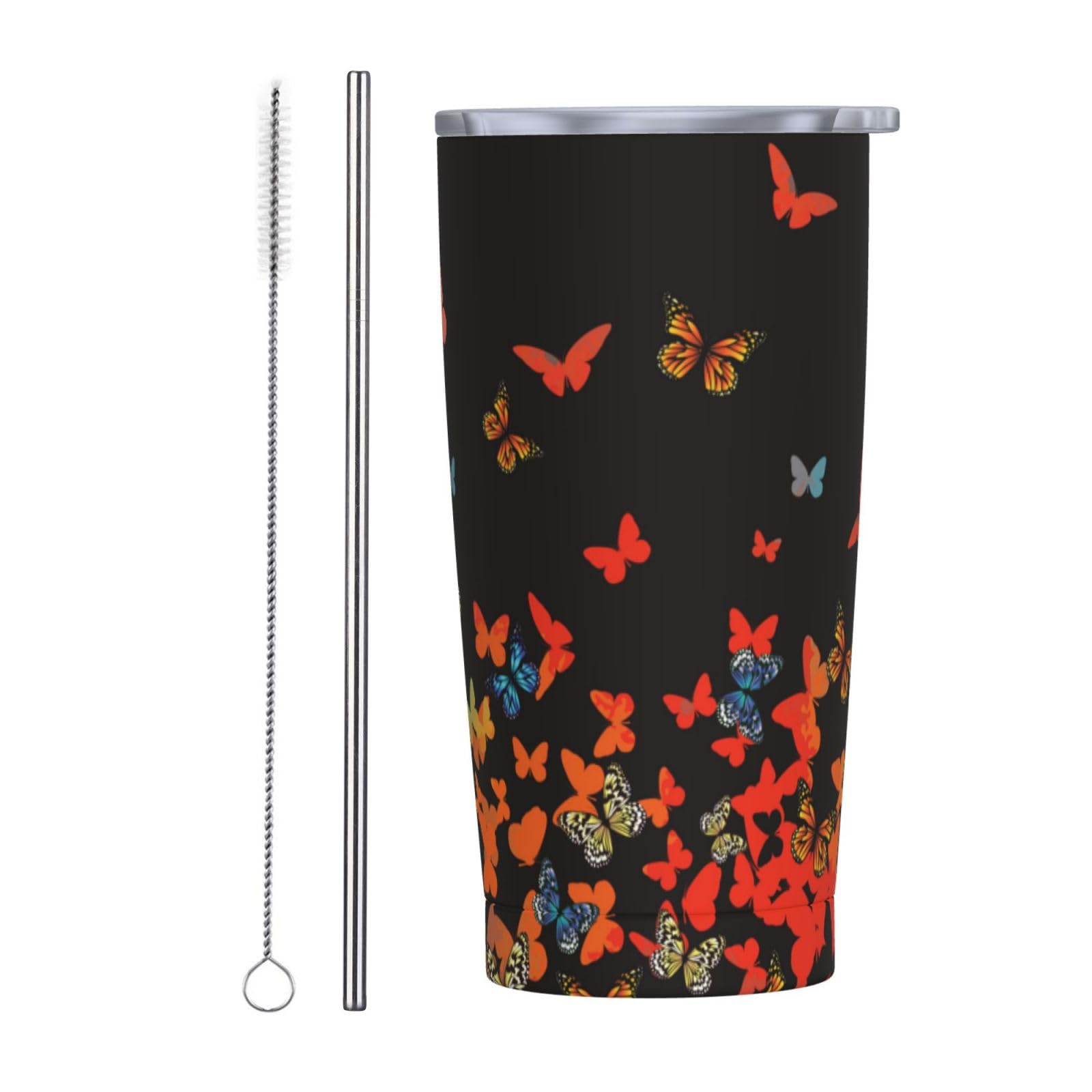 JASROTAO Colored Butterflies Tumbler,Butterflies 20oz Stainless Steel Insulated Travel Tumblers,Travel Coffee Mug with Lid and Straw Water Bottle