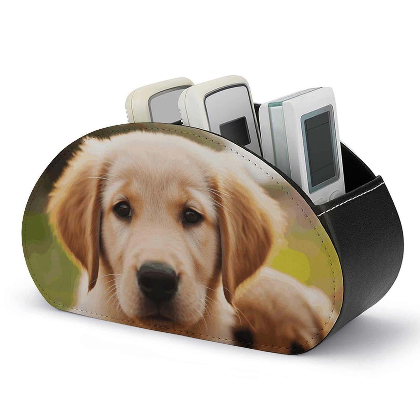 VstaDank Cute Golden Retriever Puppy Remote Control Holder with 5 Compartments PU Leather Remote Caddy Desktop Organizer Store TV Remote Control Storage Box for Home Office Desk Nightstand