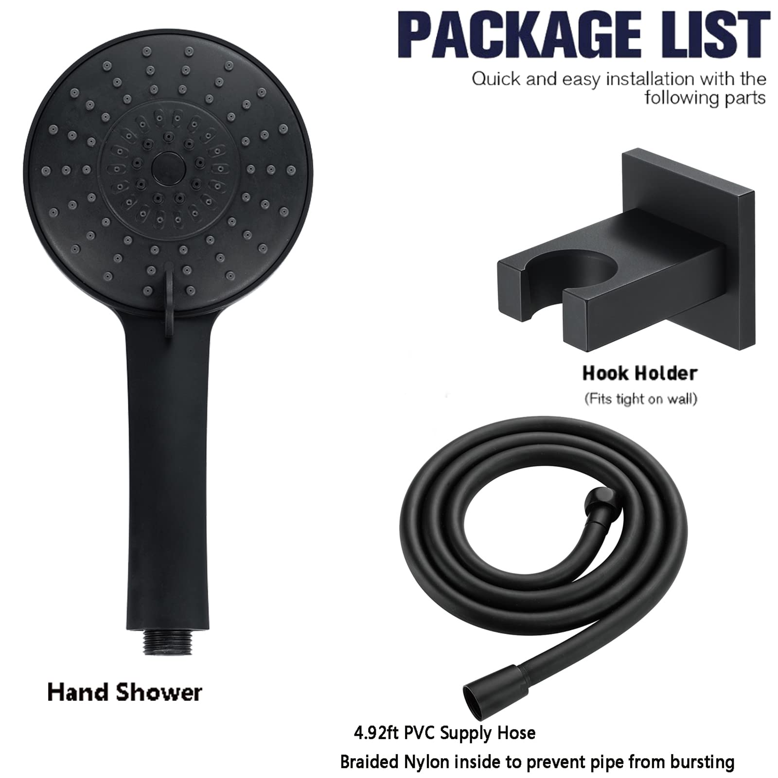 Alcachofa de Ducha Negro Cabezal de Ducha Universal ABS Alta Presión Ducha de Mano con Latón Soporte, 1.5M PVC Tubo Flexible