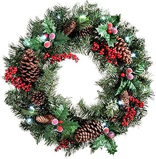 WeRChristmas Natural Pine Cone and Berry Decorated Pre-Lit Wreath Christmas Decoration Illuminated with 20 Cool White LED Lights, 60 cm - Red