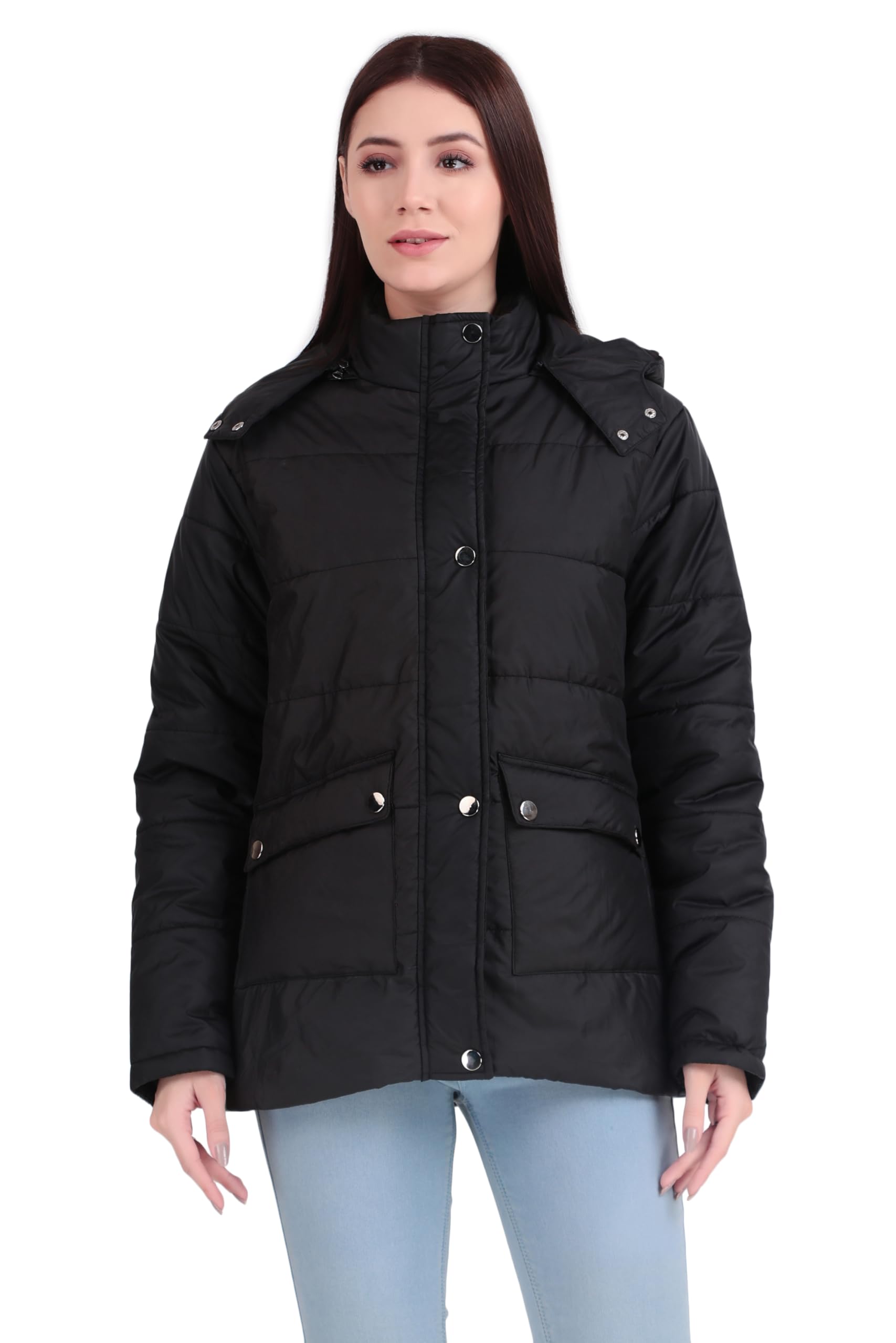 brazo Women’s Hooded Puffer Jacket – Quilted Padded Winter Coat with High Neck, Zip & Button Closure, Warm Stylish Outerwear (Black/Grey/Lavender)-picture-24