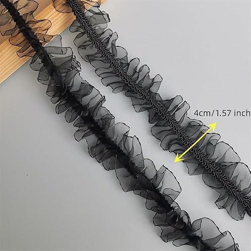 Miniatura 4 de 5 yardas de nailon negro y blanco para tejer doble plisado de organza de encaje con volantes, cinta de gasa hecha a mano, costura artesanal, vestido