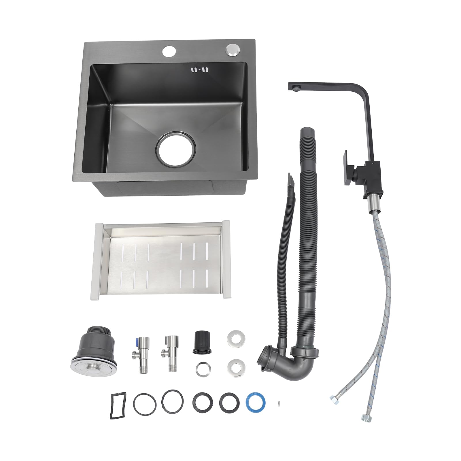 Lavello da incasso in acciaio inox, 40 x 45 cm, lavello da cucina con rubinetto, set di scarico + dispenser di sapone, lavello da cucina, 1 bacino per un uso facile da usare