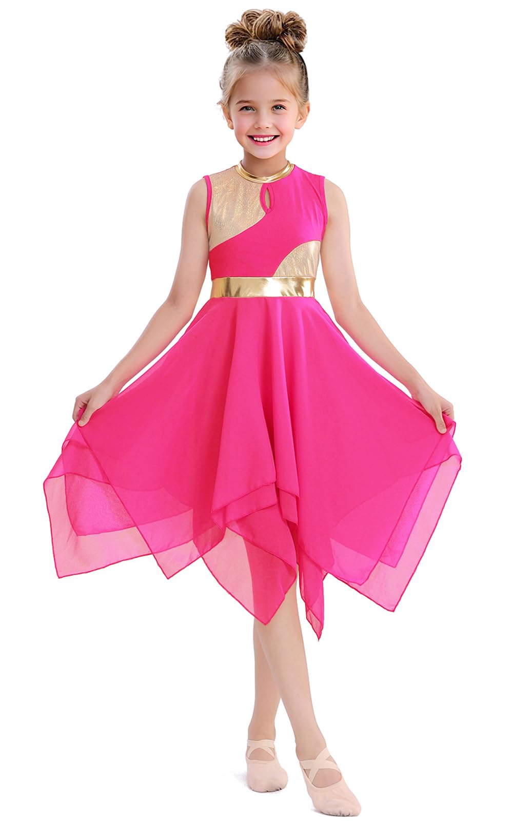 yrsZX Girl's Praise Dance Overlays and Tunics Metallic Color Liturgical Dancewear Irregular Hem Lyrical Dance Dress