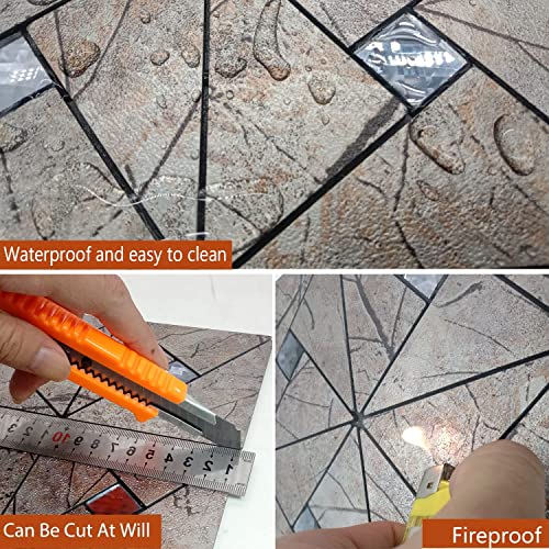 XUANINY 5-Sheet Peel and Stick Metal Backsplash Tiles, Self Adhesive Triangle Multicolor Aluminum Mosaic 3D Wall Sticker for Living Room Bedroom Decor (5 Sheets, Printed Grey Maple Leaf)