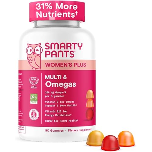 SmartyPants Women's Multivitamin Gummies - Improved Formula: Omega 3 (DHA/EPA), Methylfolate, CoQ10, Vitamin D3, C, Vitamin B12, B6, A, K & Zinc, Inositol, Gluten Free, 90 Count (30 Day Supply)