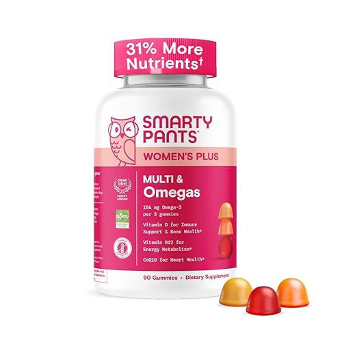 SmartyPants Women's Multivitamin Gummies - Improved Formula: Omega 3 (DHA/EPA), Methylfolate, CoQ10, Vitamin D3, C, Vitamin B12, B6, A, K & Zinc, Inositol, Gluten Free, 90 Count (30 Day Supply) - New Formula - 90 Count (Pack of 1)