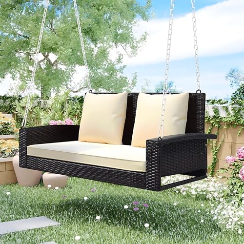 Image of Patio Outdoor Double Seater Swing Chair Without Stand for Balcony, Garden | Weather Resistant Rattan & Wicker Hammock Jhula for Adults | Outdoor Sofa Swing (Brown & Light Cream)