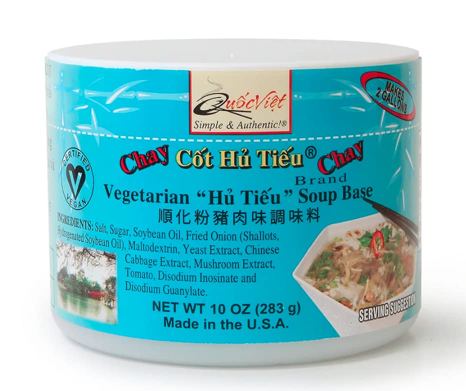 Quoc Viet 4-Pack of Vegetarian Hu Tieu Flavored Soup Base Cot Hu Tieu Brand Chay 10 oz Plastic Jar + 12 Pairs of Eco-Friendly Disposable Bamboo Round Chopsticks by Lavinia Essentials Brand