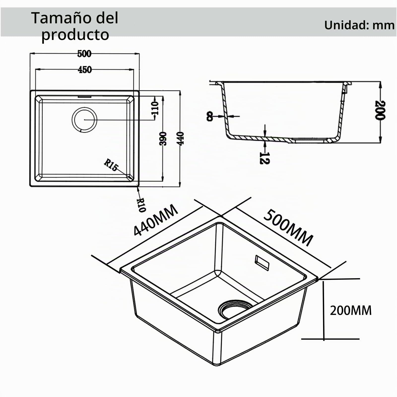 Fregadero Cocina Negro, 50 X 45 cm, Fregadero Bajo Encimera de Granito de Una Cubeta, Para Empotrar O Bajo Encimera, Con Rebosadero Y Desagüe, Apto Para Estaciones de Trabajo Y Barra