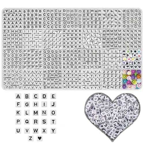 YMSDZHL Alphabet Beads A-Z 1200+Pcs Letter Beads Acrylic 4x7mm Round Letter Bead Kits Black Digit and Colorful Smile Bead for Bracelets Necklaces DIY Jewelry Making (Square White 1200+PCS)