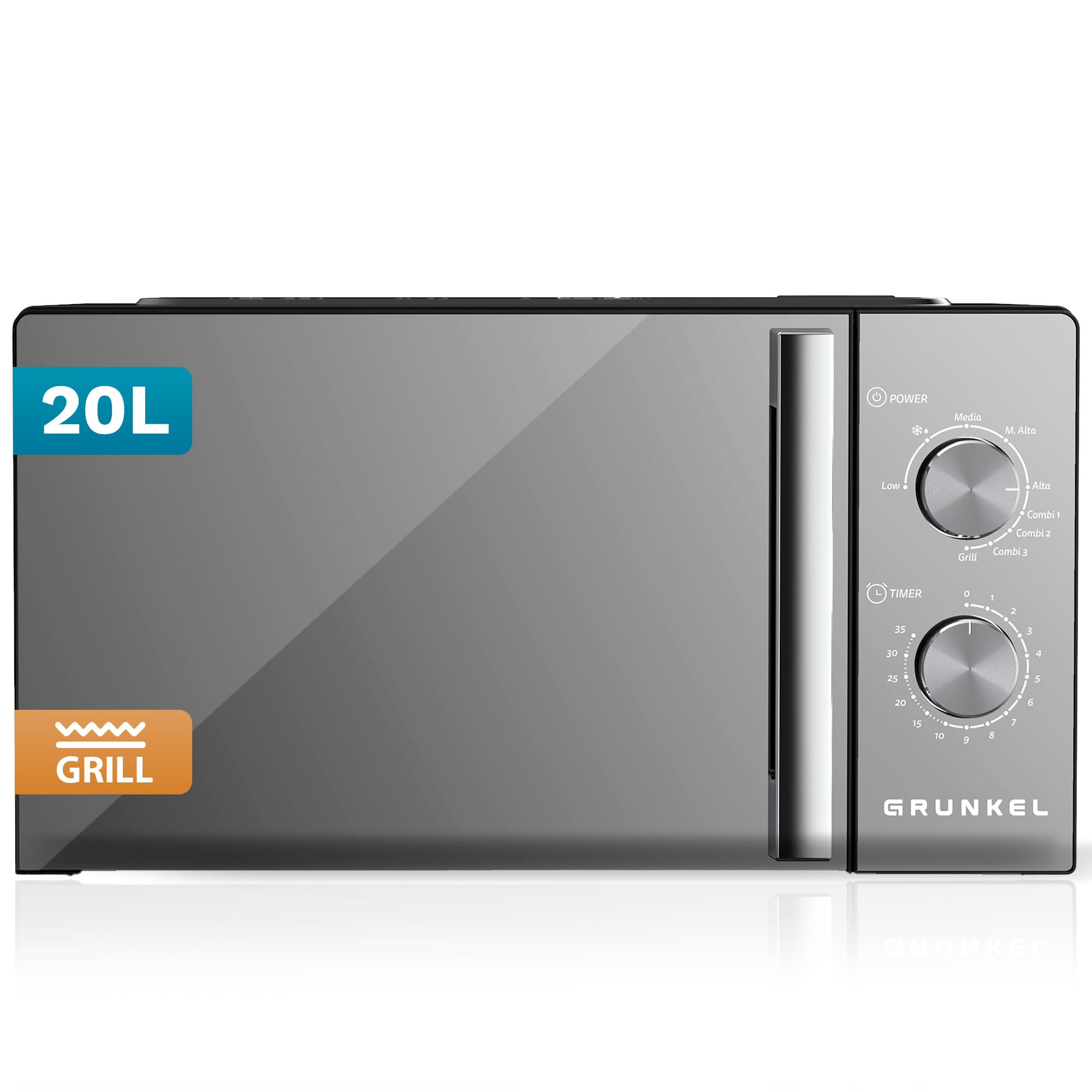 Microondas con grill Grunkel MWG-20ESPEJO de 20 litros y 700w con funcion grill 800w. Temporizador de 35 minutos 5 niveles de potencia y 3 modos combi. Acabado frontal espejo