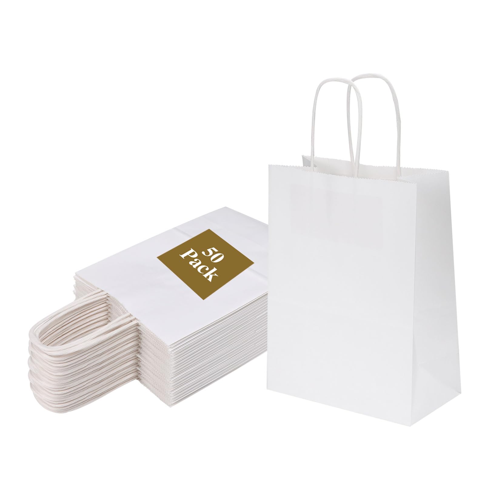 Joybe 50 Pack 5.95x3.25x8 Inch Small White Paper Bags with Handles Bulk, Kraft Paper Gift Bags for Birthday Party Favors Grocery Retail Shopping