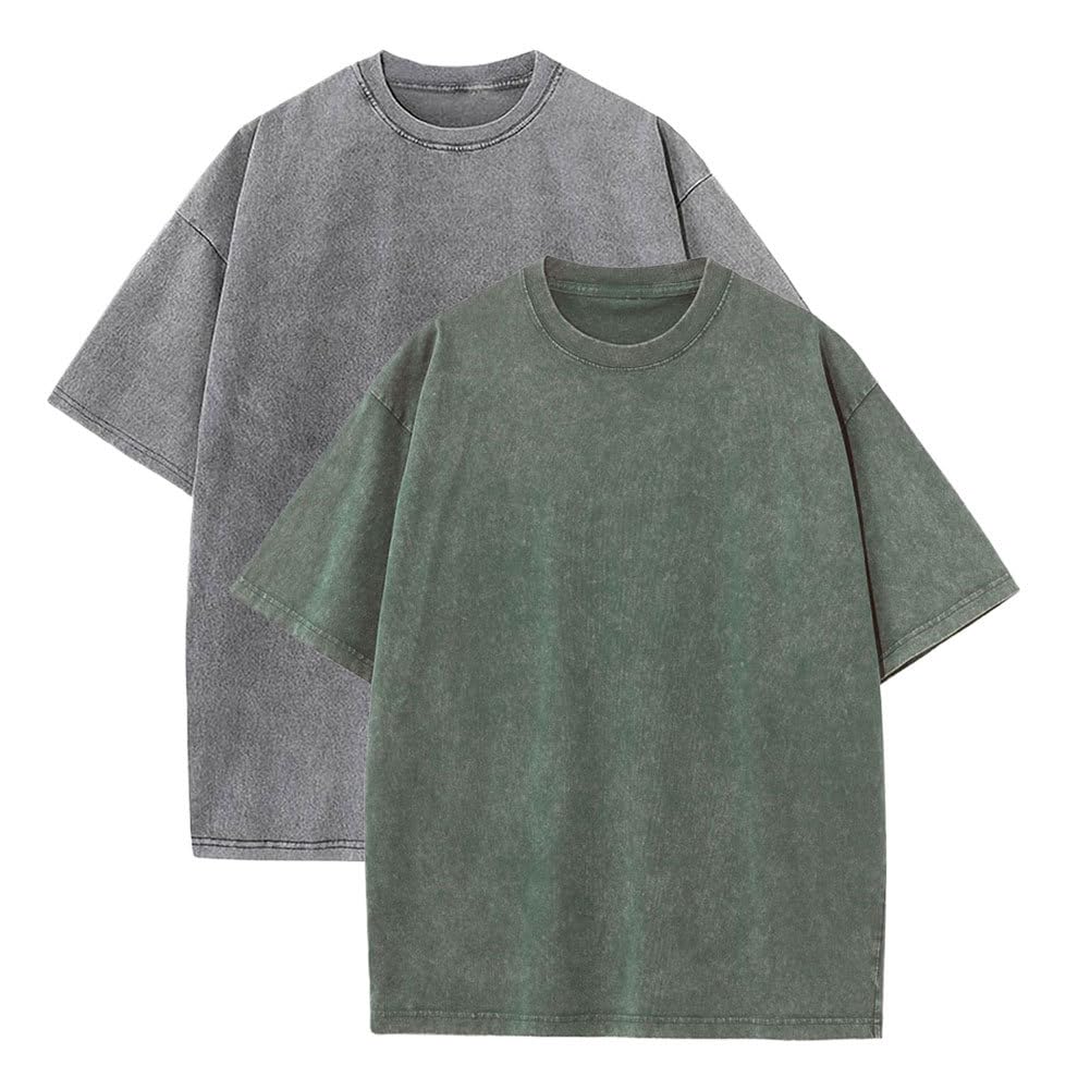 Botong Pump Covers T-Shirts Workout T Shirts for Men Oversized Gym Loose Fit Tshirt Vintage Heavyweight Tee Grey+Army Green 3XL