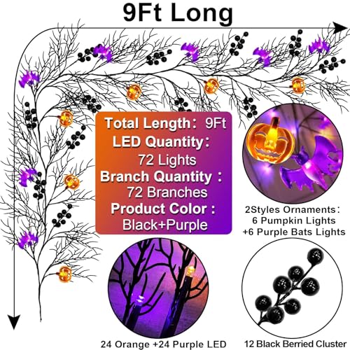 TURNMEON Remote Control Extra Long 9 Ft 72 LED Orange Purple Lights Halloween Willow Twig Decor Halloween Garland Timer 8 Modes Berries 12 Bat Pumpkin Lights Battery Halloween Decorations Indoor Home