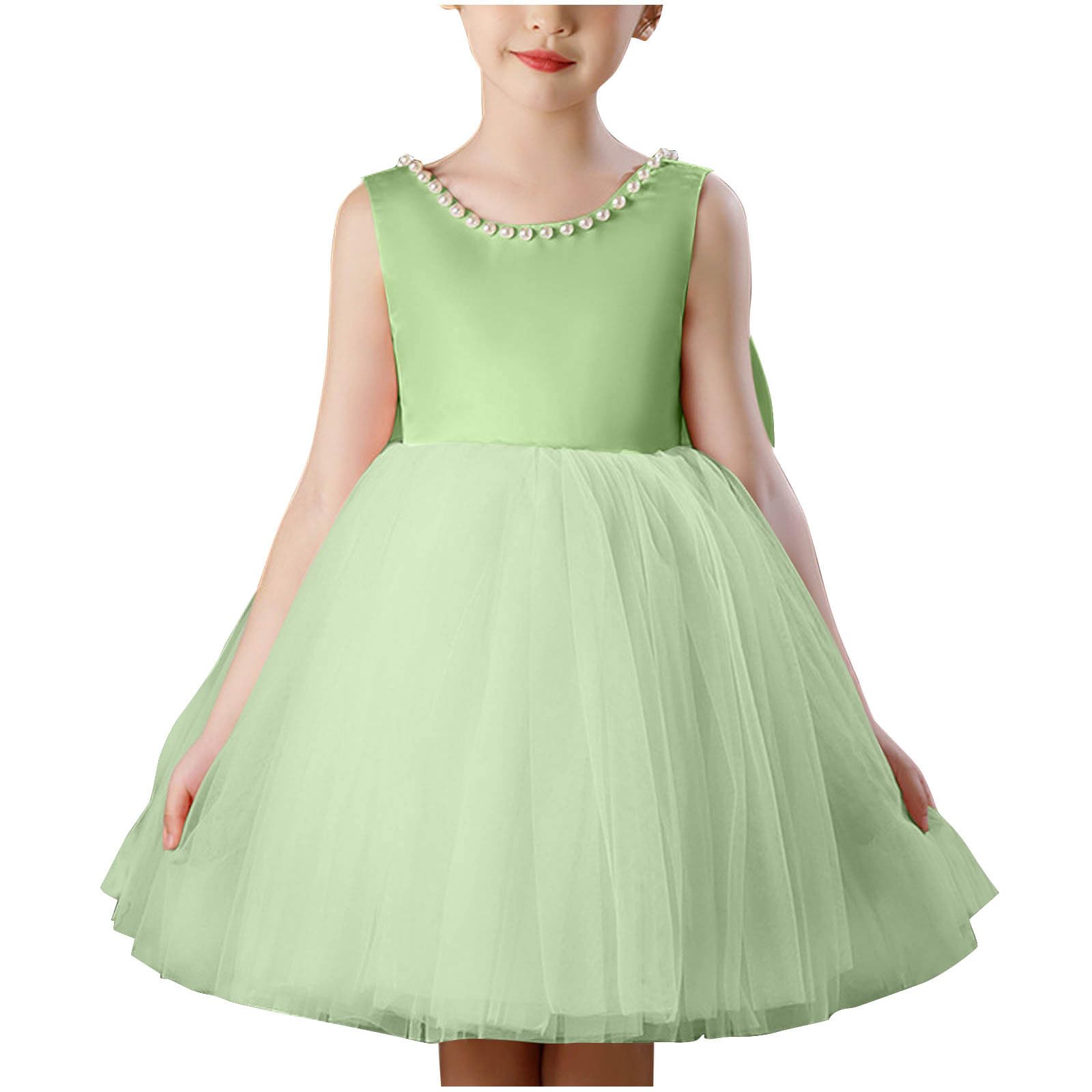 Vestido Invitada Boda para Niña Cuello Redondo Adornado con Perlas Vestidos Sin Mangas de Tul Cintura Alta Línea A Elegante Vestido Princesa para Boda Fiesta de Cumpleaños Comunión Noche 4-12 Años