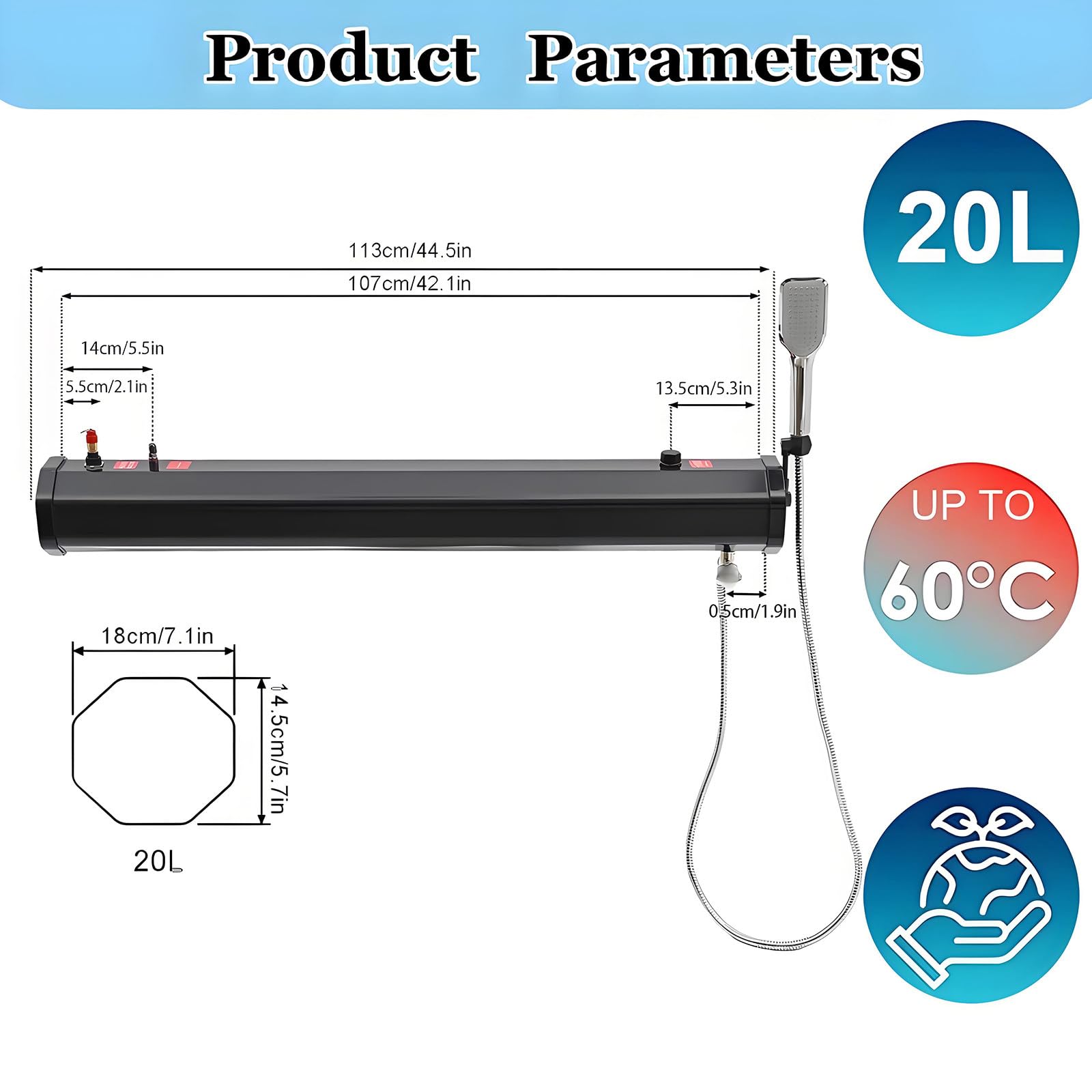 Cuve d'eau 18L/20L/30L à Pression pour Toit de Voiture - Réservoir Douche Solaire Camping | PVC+ABS Léger | Adapté Au Camping, Tout-Terrain & Lavage De Voiture 20L