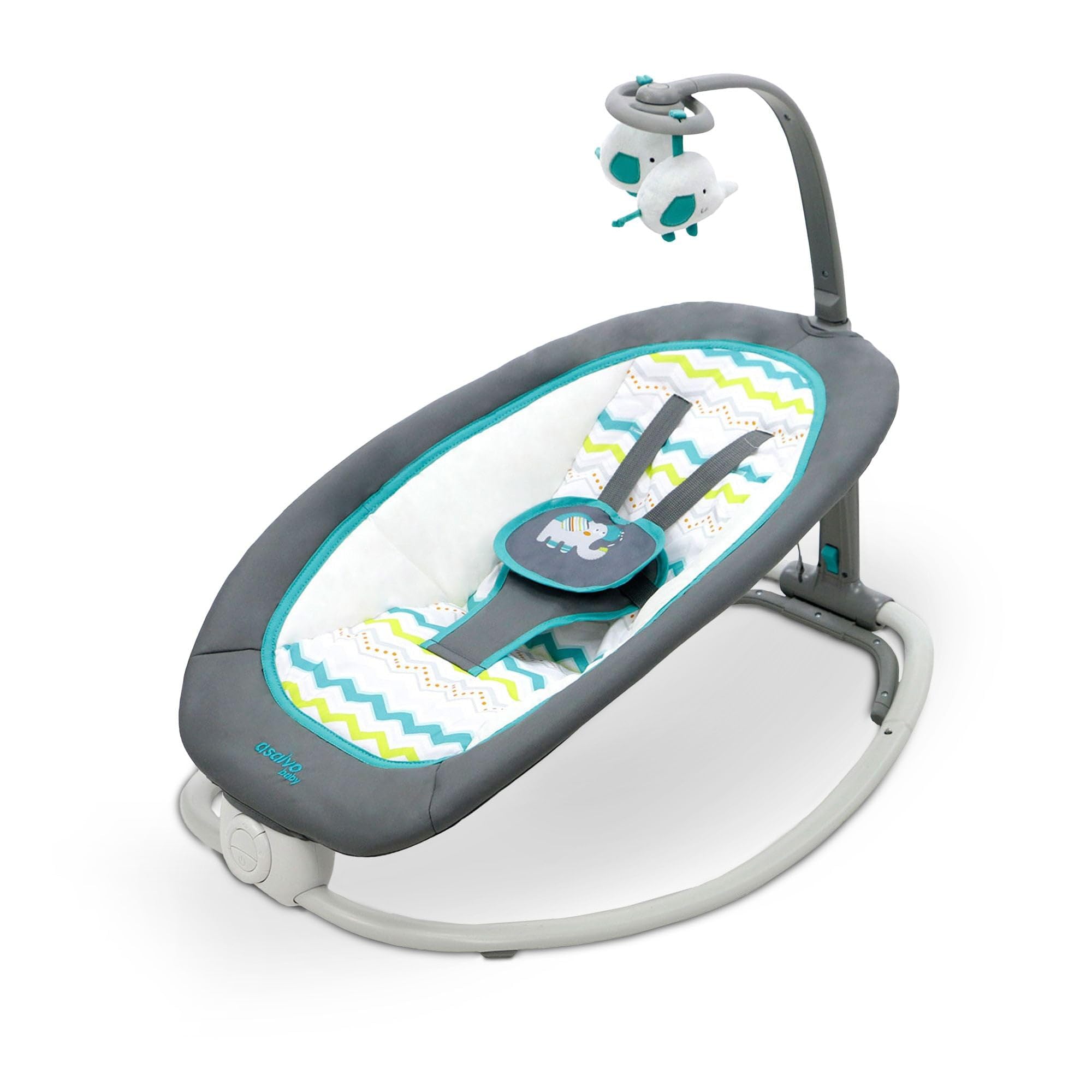 Asalvo Hamac éléphant bébé pliable 4 positions musique vibration harnais 5 points charge max 9 kg Gris Aqua