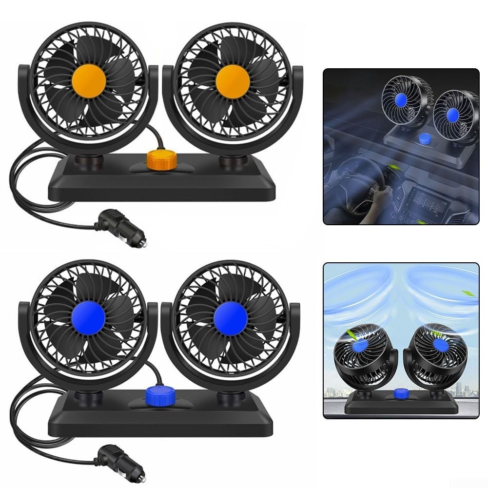 Ventilador de coche de doble cabezal alimentado por USB, compatible con 5 V, 12 V, 24 V, 2 ajustes de velocidad ajustables y cabezales de ventilador giratorios de 360 grados para una refrigeración