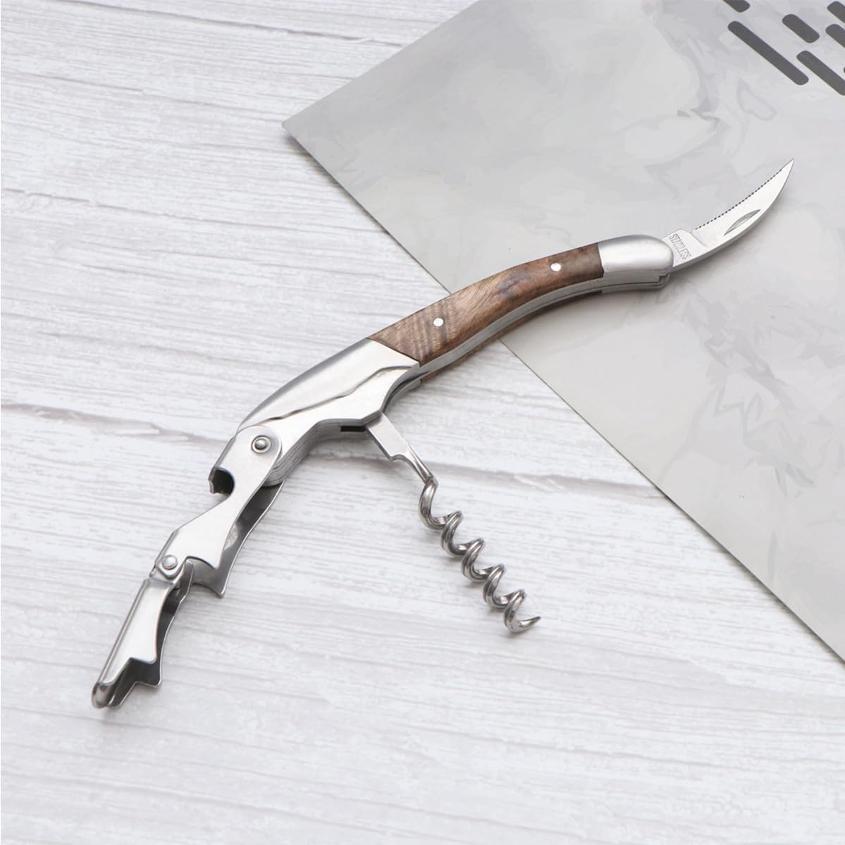 Wine Opener Corkscrew Stainless Steel with Wooden Handle for Waiters