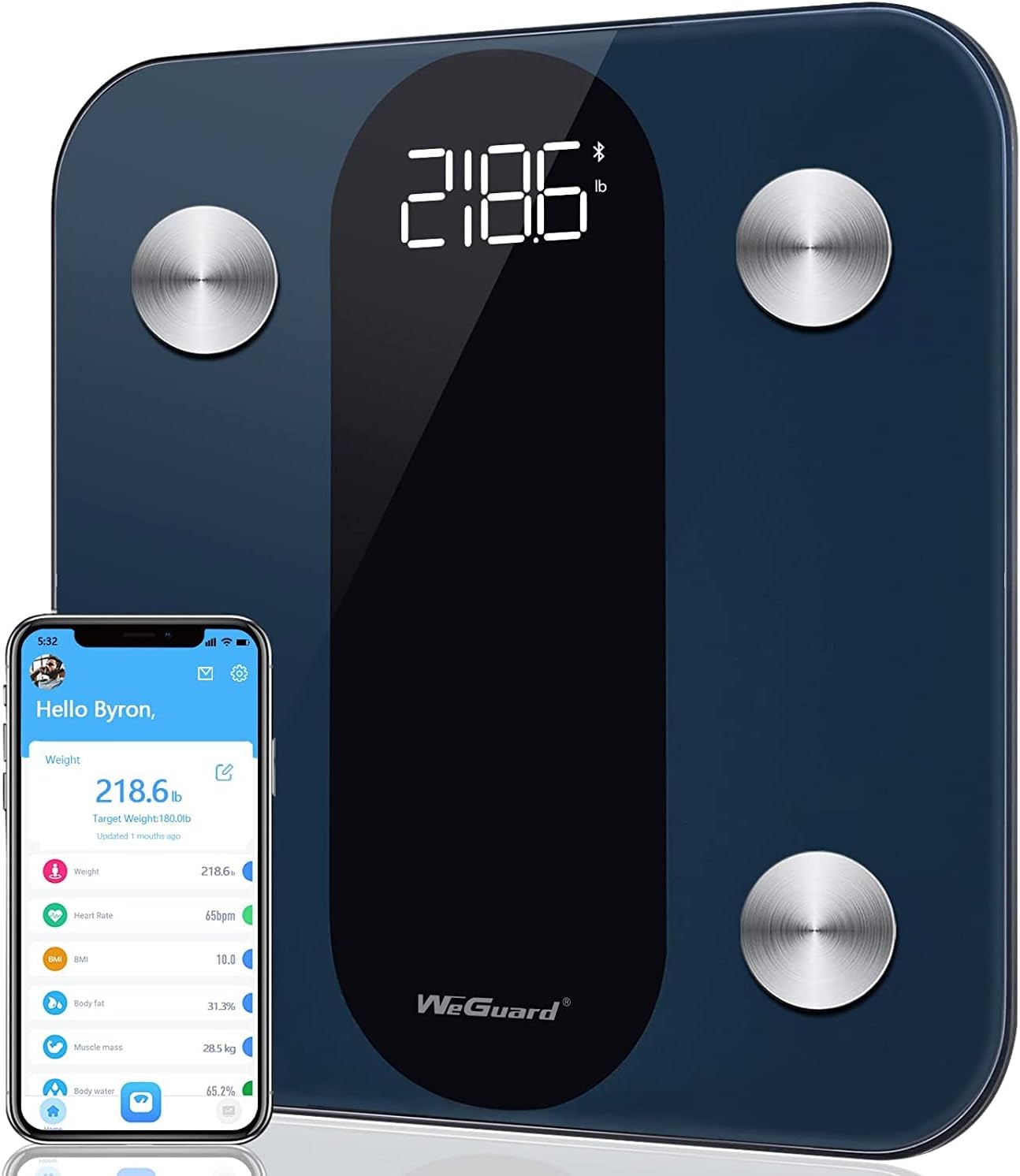 Body Fat Scale, WeGuard Bluetooth Digital Bathroom Scale with Heart Rate Tracking High-precision BMI Smart Scale, Fitness Body Composition Analyzes with Smartphone App, 15 Measurements, 396lbs - Black