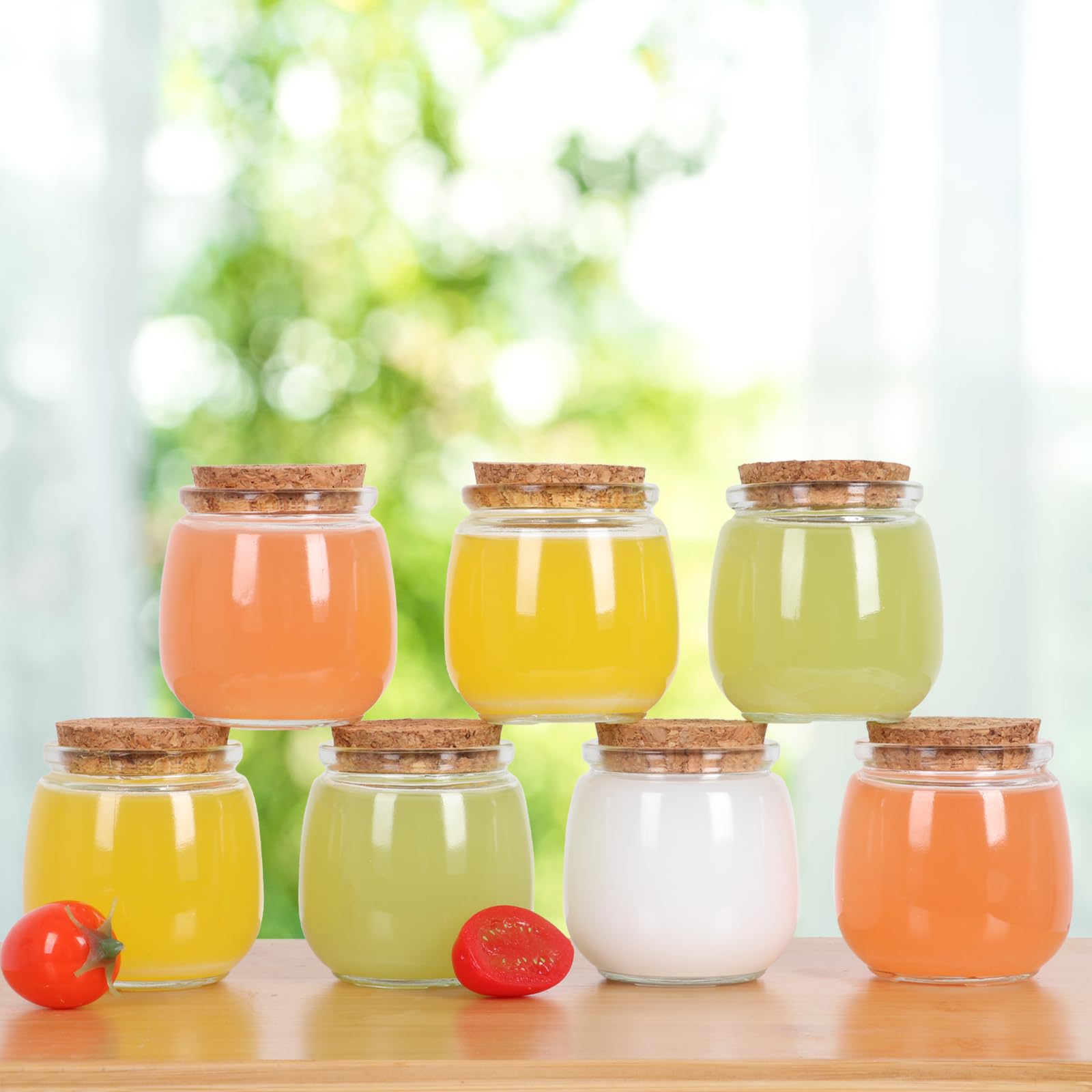 Paquete de 40 tarros de yogur de vidrio de 7 onzas con tapas de corcho y tapas de polietileno, tarros de vidrio pequeños para pudín, tarros de vidrio para recuerdos de boda, leche, mermeladas
